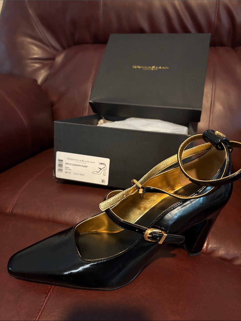 Donna Karan Black Patent Leather Strappy Mary Jane Heel